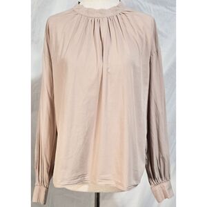 Uniqlo Long Sleeve Blouse Top High Neck Minimalist Beige Classic Cotton